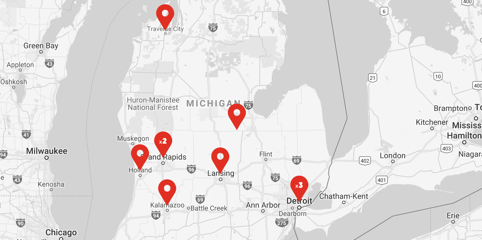 Map of Davenport Campuses in Michigan