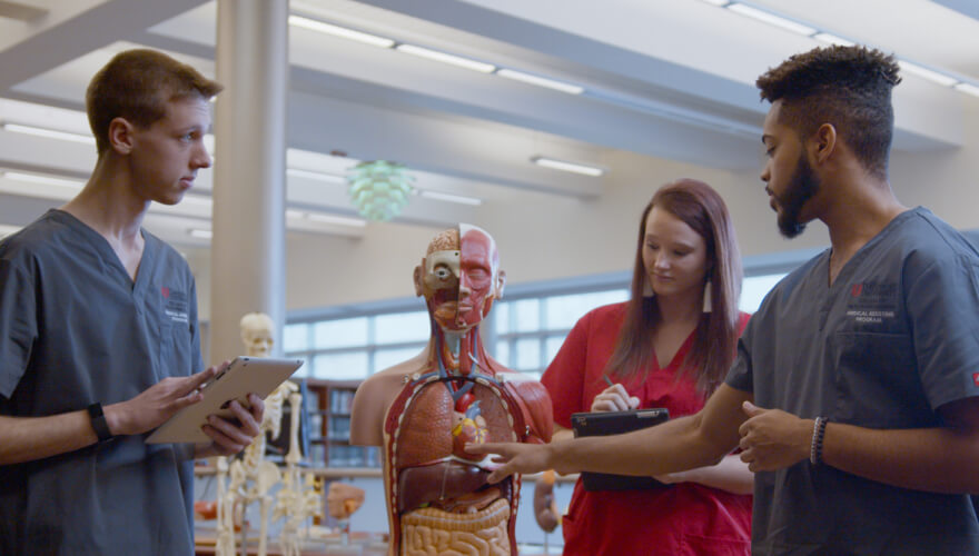 three nursing students in library studying human anatomy