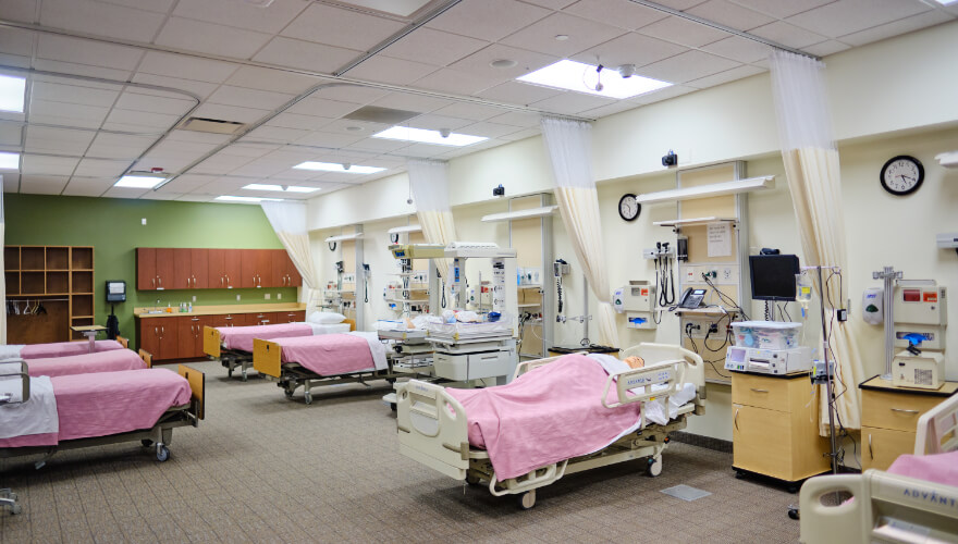 hospital beds in a nursing simulation lab