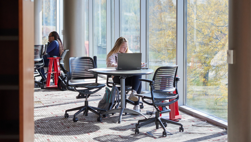 students at tables in library