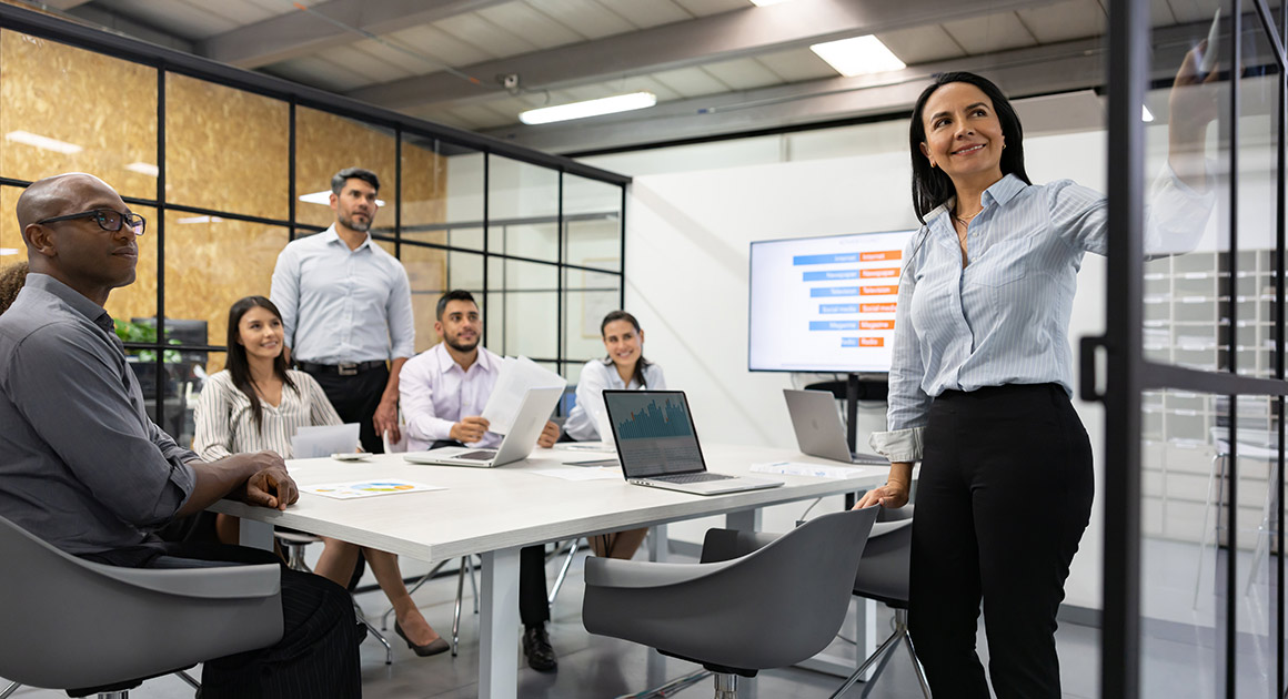 Group of professionals with a professional woman leading a presentation