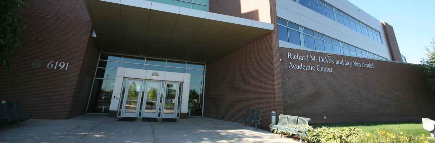 Front exterior of Richard M. DeVos and Jay Van Andel Academic Center