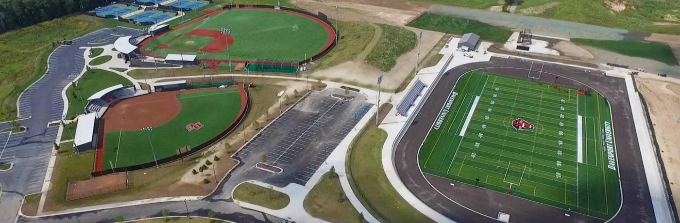 drone photo of football, baseball, softball and tennis fields and courts