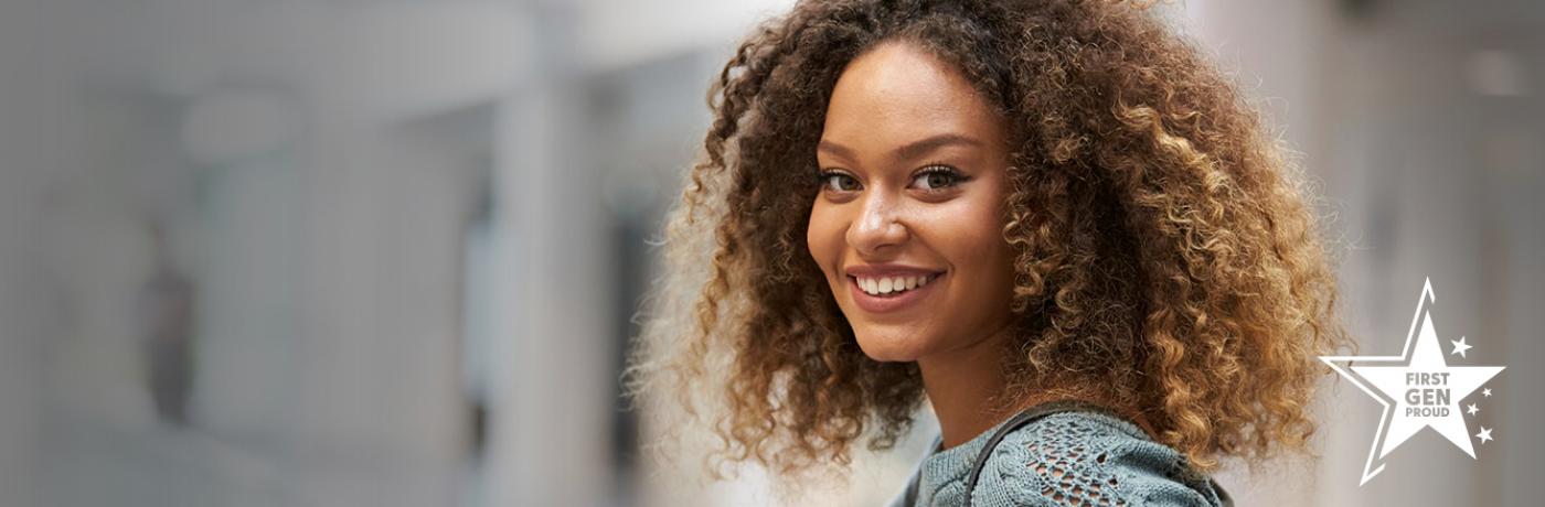African American Student with First Gen Logo in right corner