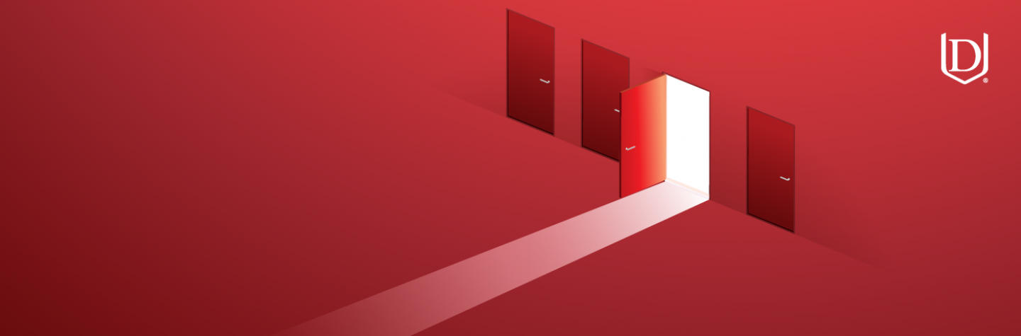 This is a designed graphic that mirrors the Career Services Guide cover. It features a red background with for doors. One of the doors is open and light is shining through