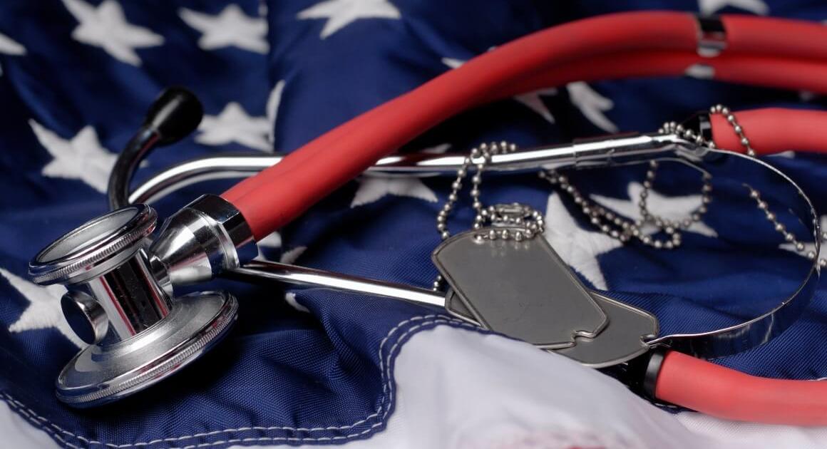 Stethoscope and dog tags on an American flag